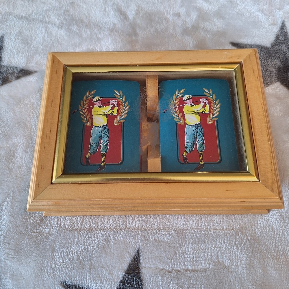 Vintage‎ Golf Themed Etched Glass & Wood Box Golfer Playing Cards Gift